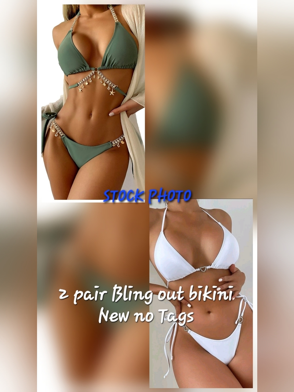 Bundle Olive Green & White Bling String Bikini Set Women Size Small New w/o Tag